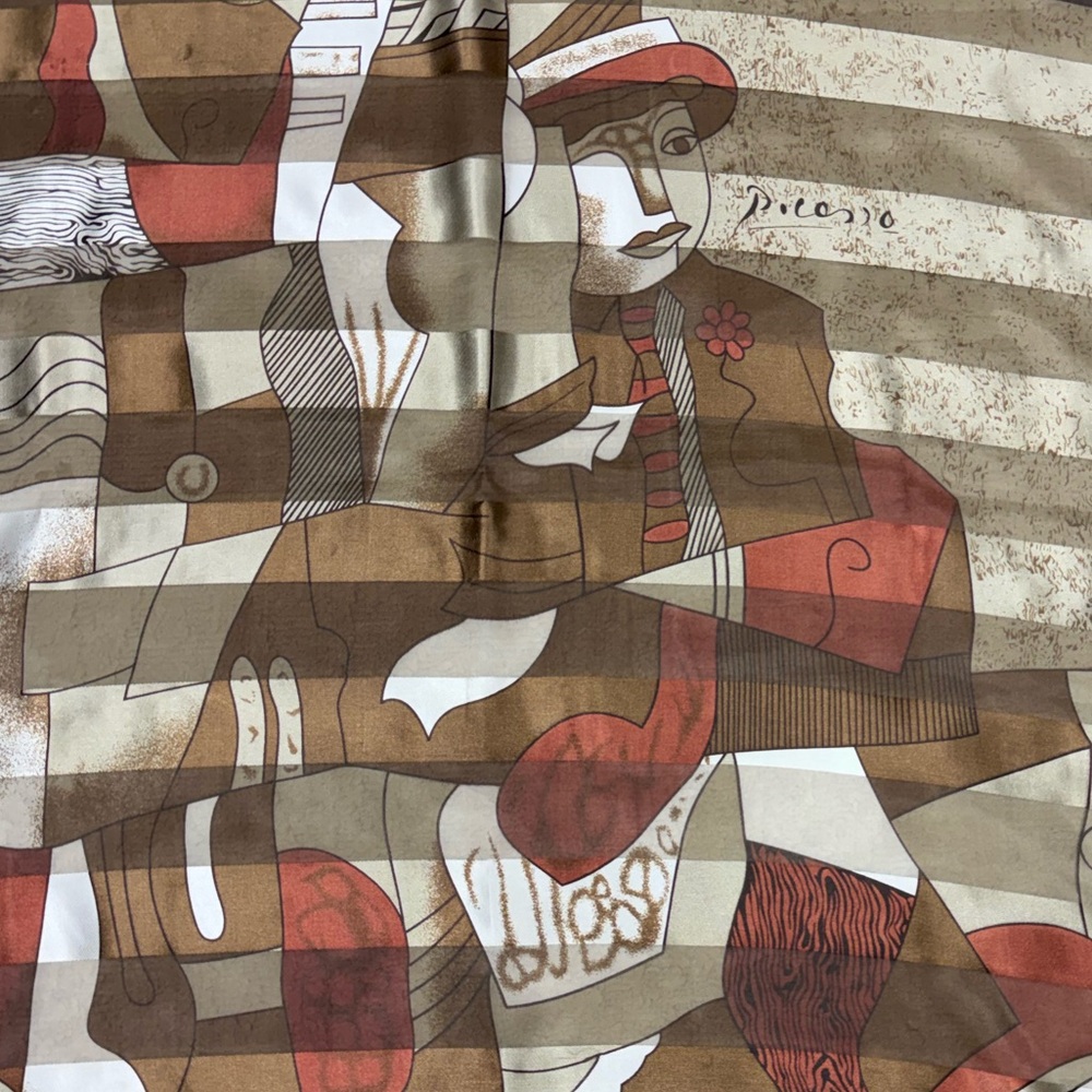 Vintage Picasso Abstract Silk Scarf Brown Earth Tones Large Semi Sheer Abstract - Picture 4 of 9
